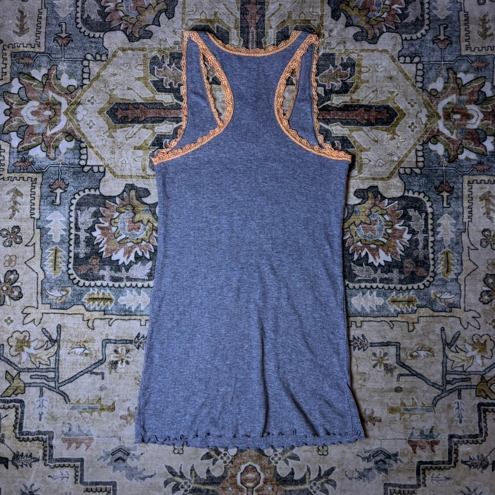 Y2K No Boundaries Gray Ribbed Racerback Tank Top 53 Cute Graphic Lace Trim Small